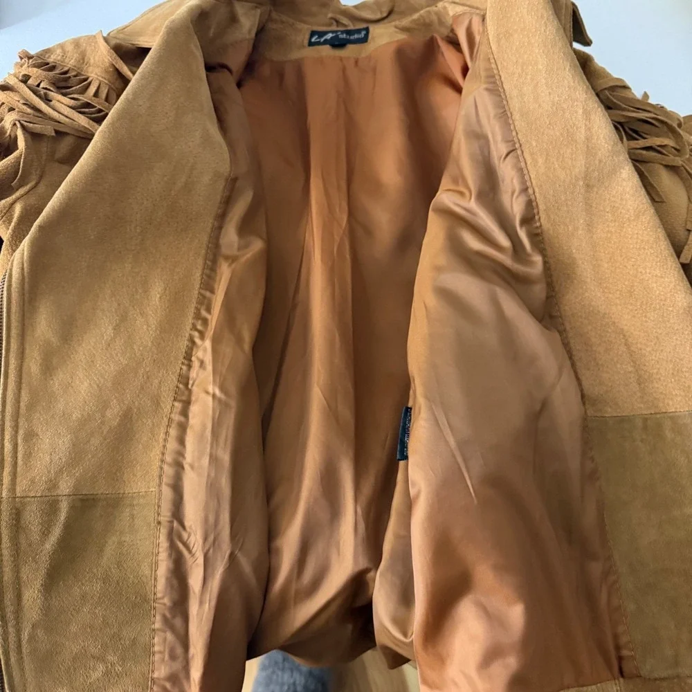 L.A. Studio Suede Fringe Zip Front Tie Belt Jacket Tan Western Boho‎ Festival S - Picture 10 of 16